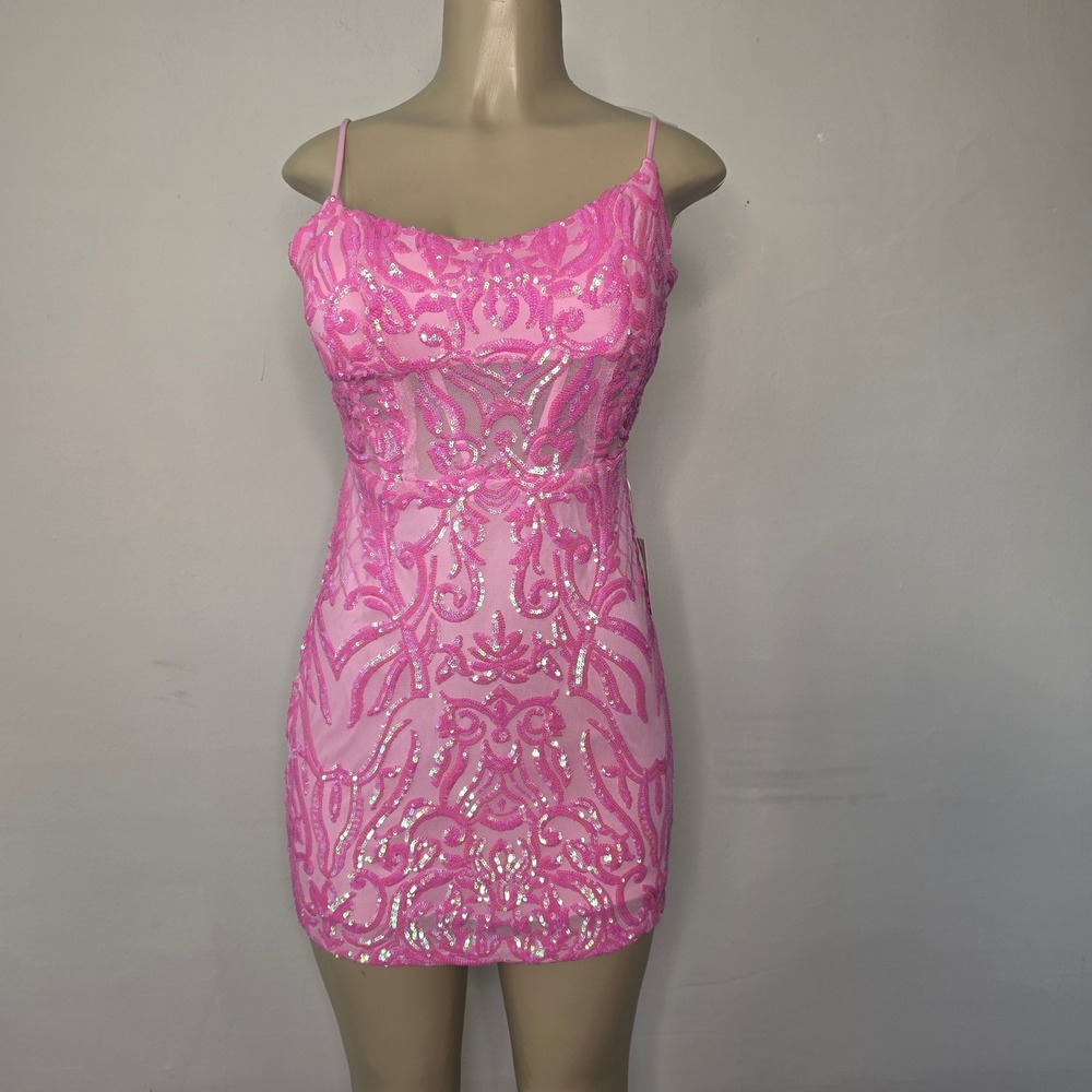 Windsor Dress Women M Pink Sequin Lace Up Back Bodycon Mini Formal Party E001R26